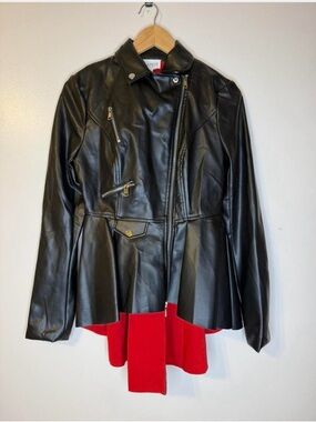 L'ATISTE Black Faux Leather Peplum Jacket with Red Lining